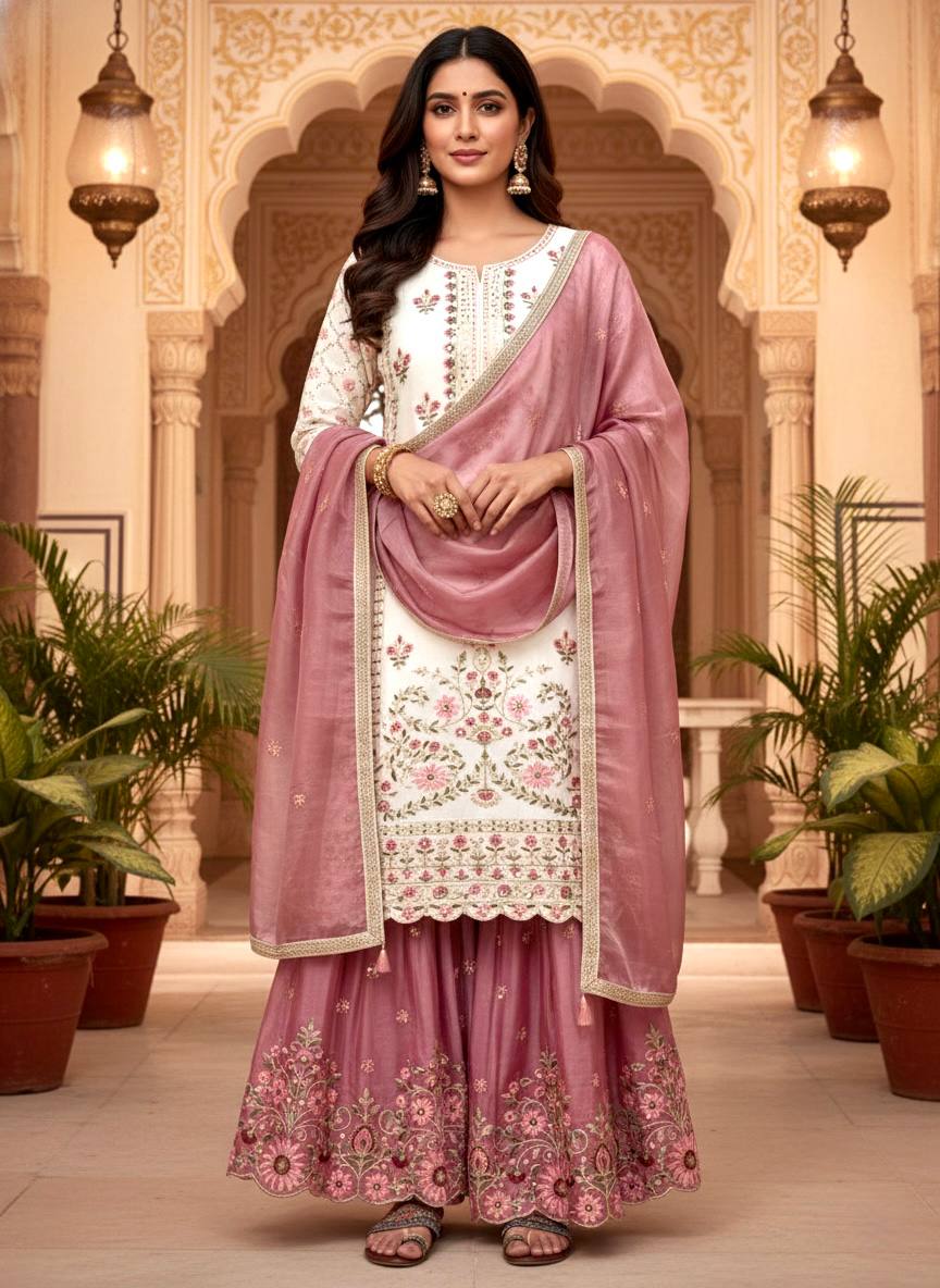 Designer Peach Color Silk Embroidered Wedding Wear Palazzo Suit Set