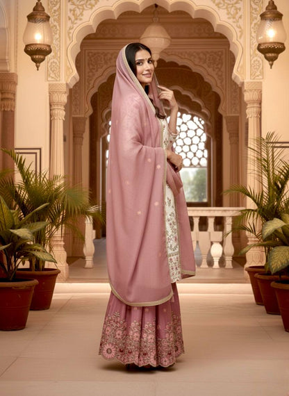 Designer Peach Color Silk Embroidered Wedding Wear Palazzo Suit Set