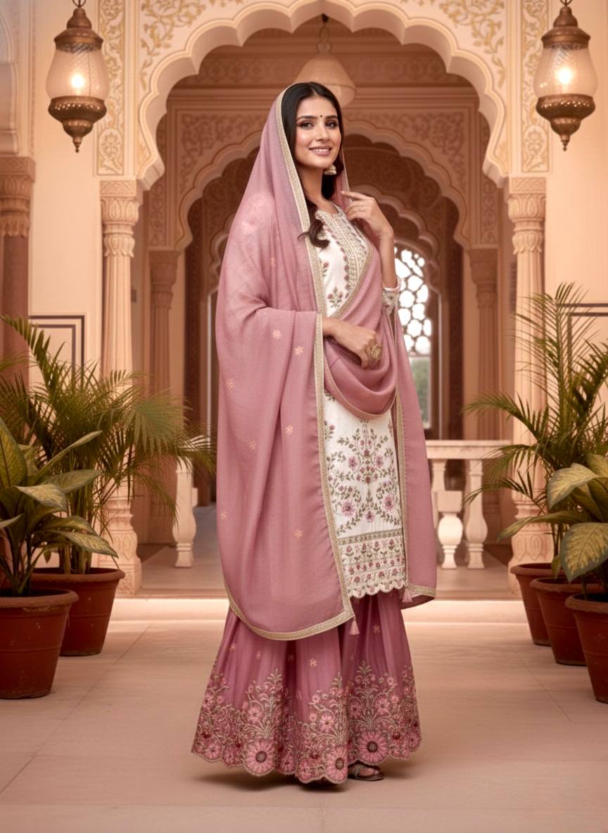 Designer Peach Color Silk Embroidered Wedding Wear Palazzo Suit Set