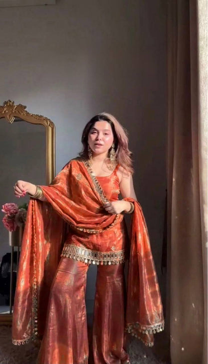 Wedding Wear Orange Color Sequnce Embroidered Sharara Suit With Dupatta