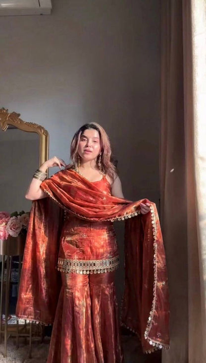 Wedding Wear Orange Color Sequnce Embroidered Sharara Suit With Dupatta