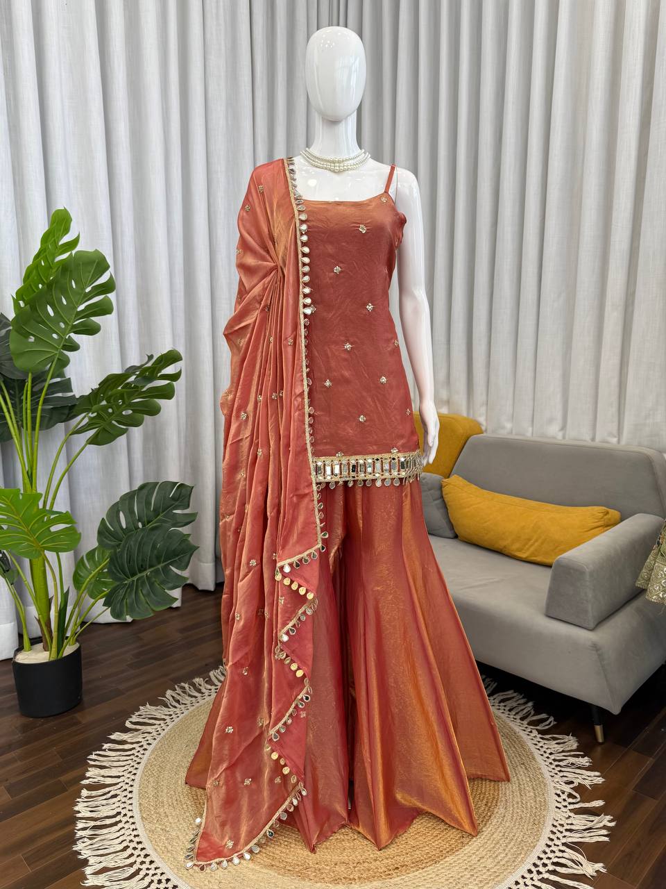 Wedding Wear Orange Color Sequnce Embroidered Sharara Suit With Dupatta