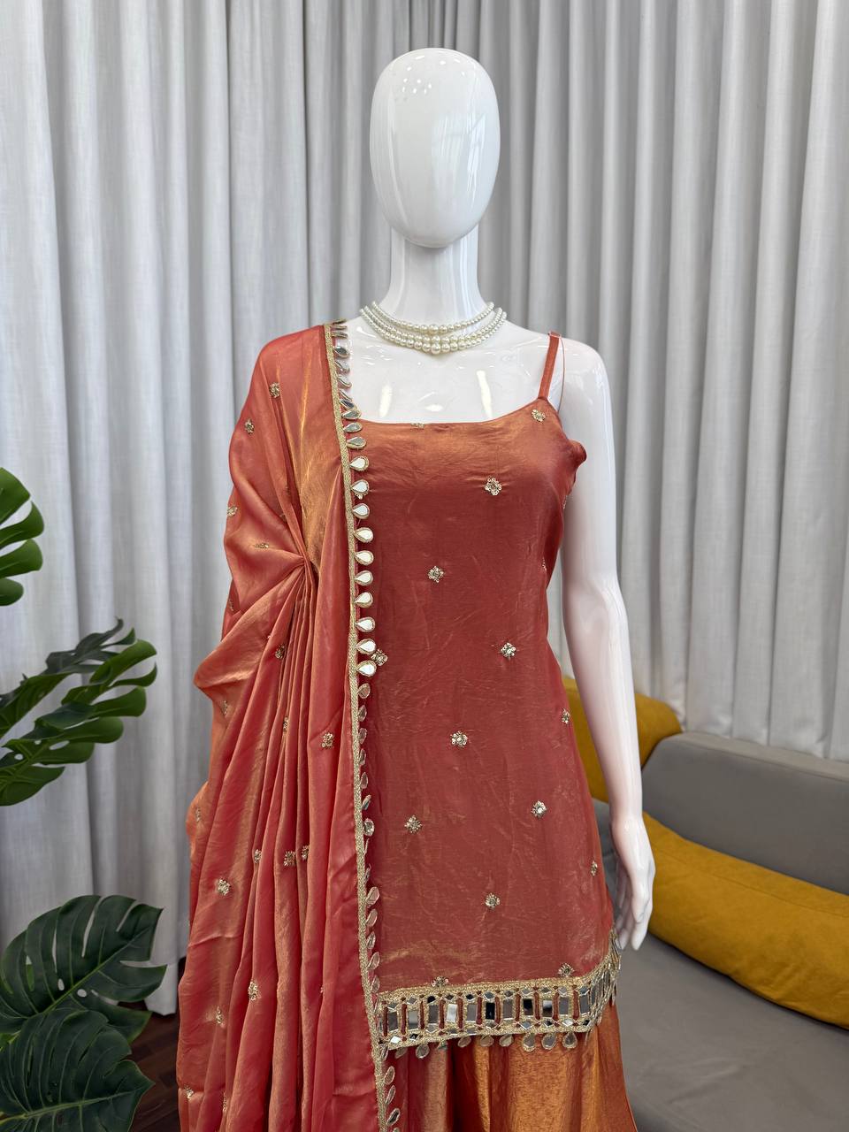 Wedding Wear Orange Color Sequnce Embroidered Sharara Suit With Dupatta