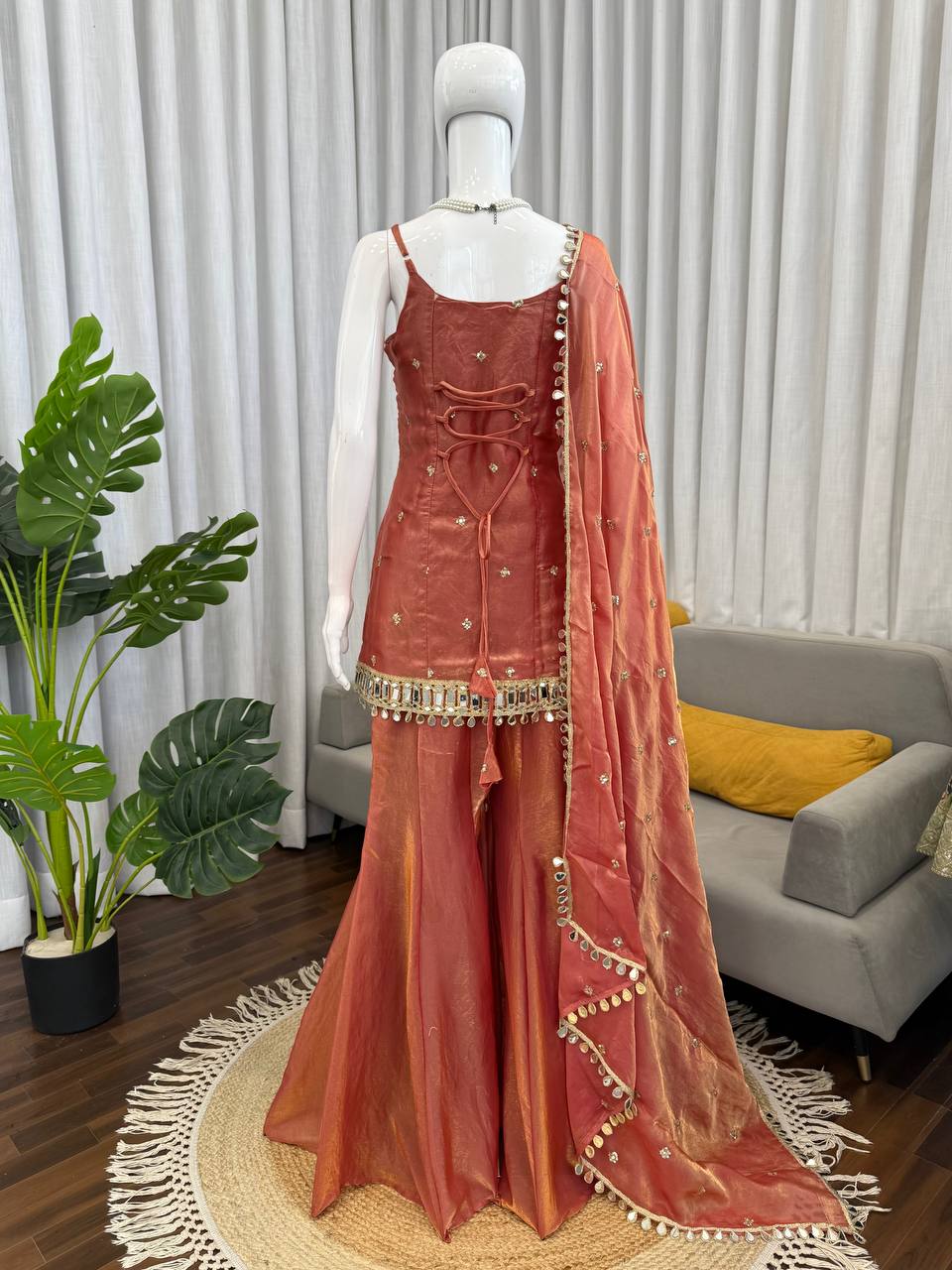 Wedding Wear Orange Color Sequnce Embroidered Sharara Suit With Dupatta