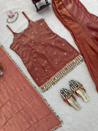 Wedding Wear Orange Color Sequnce Embroidered Sharara Suit With Dupatta