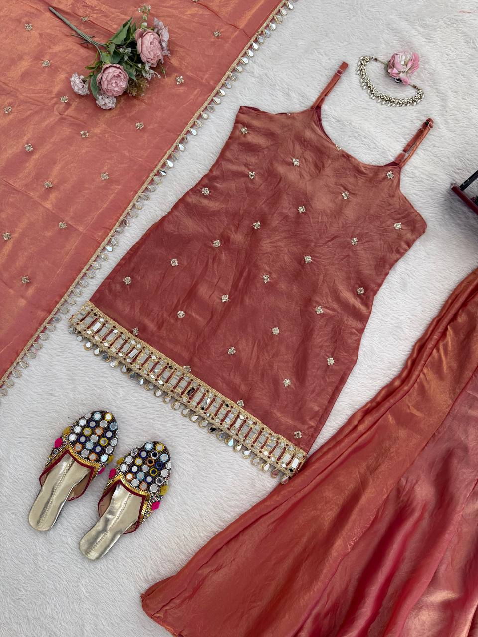 Wedding Wear Orange Color Sequnce Embroidered Sharara Suit With Dupatta