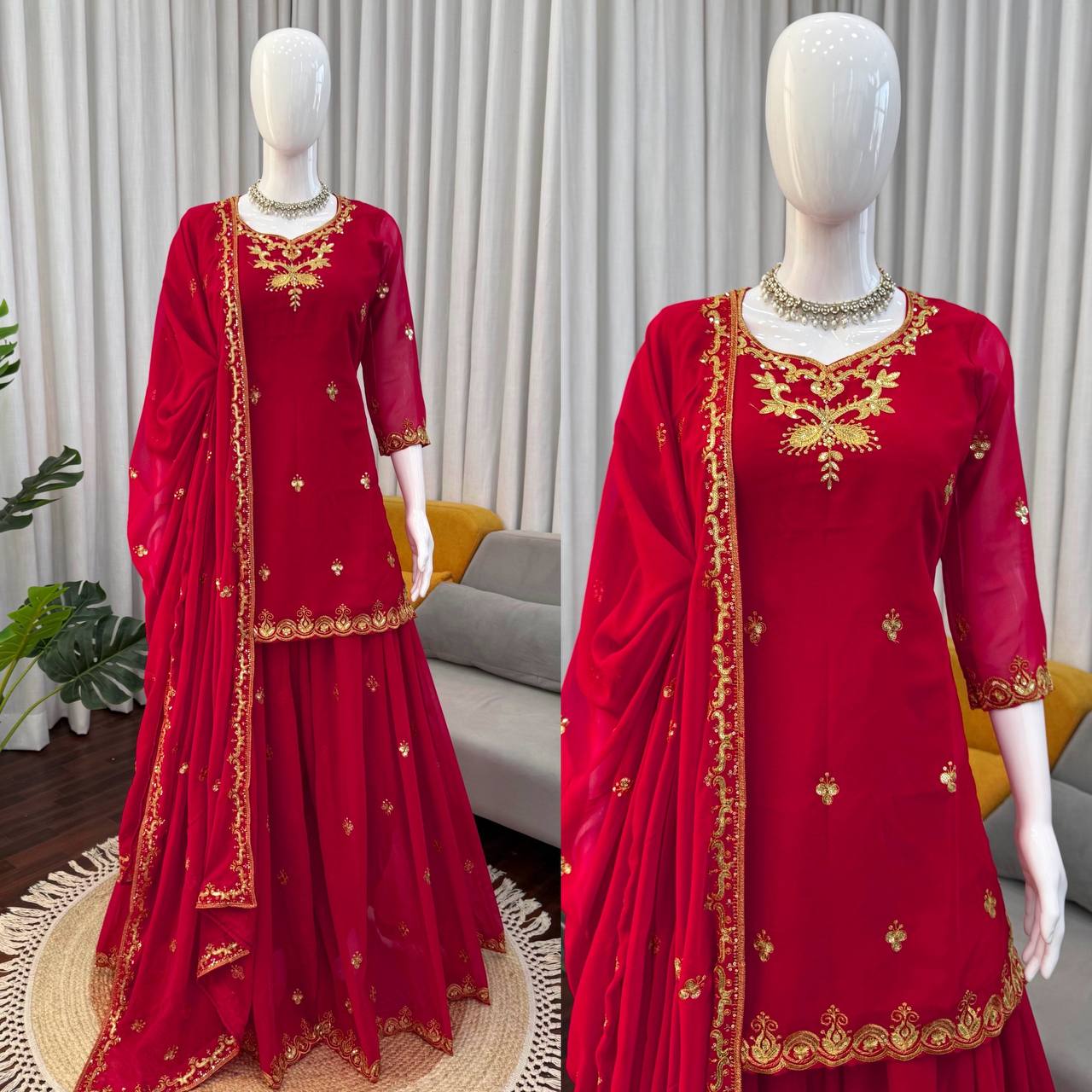 Elegant Designer Red Color Georgette Sharara Set