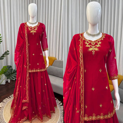 Elegant Designer Red Color Georgette Sharara Set