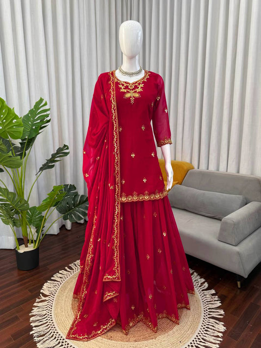 Elegant Designer Red Color Georgette Sharara Set