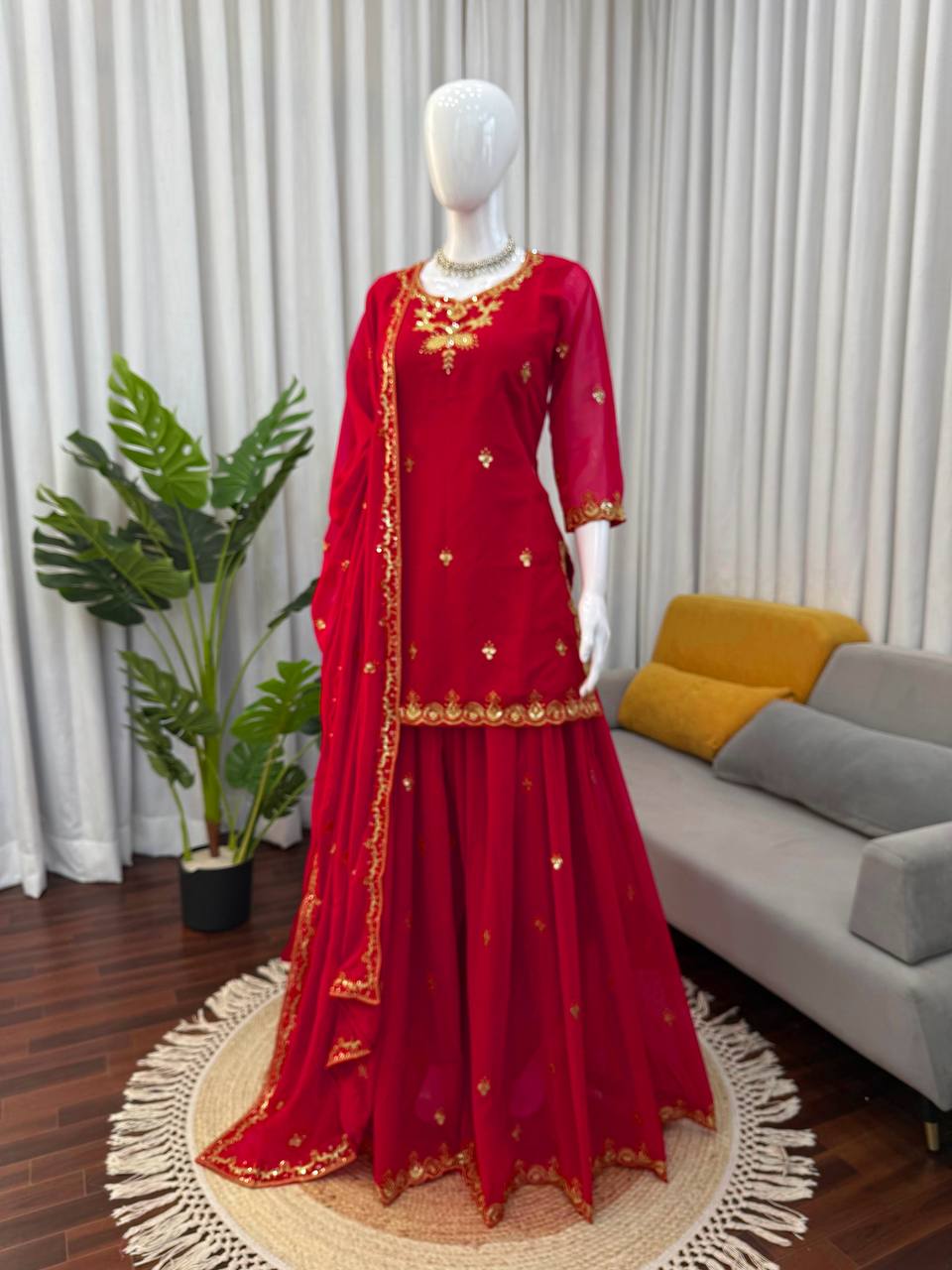 Elegant Designer Red Color Georgette Sharara Set