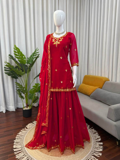 Elegant Designer Red Color Georgette Sharara Set