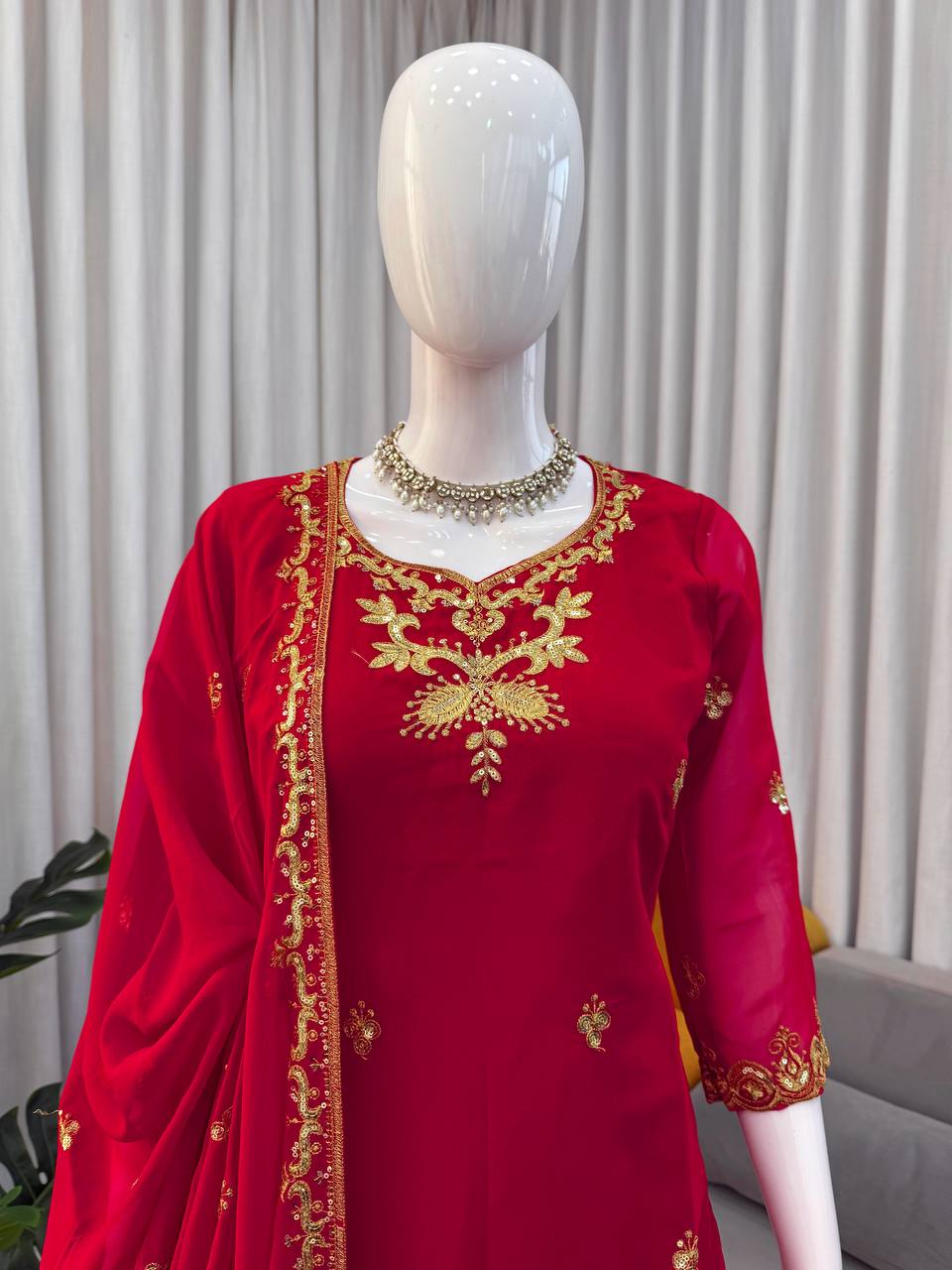 Elegant Designer Red Color Georgette Sharara Set
