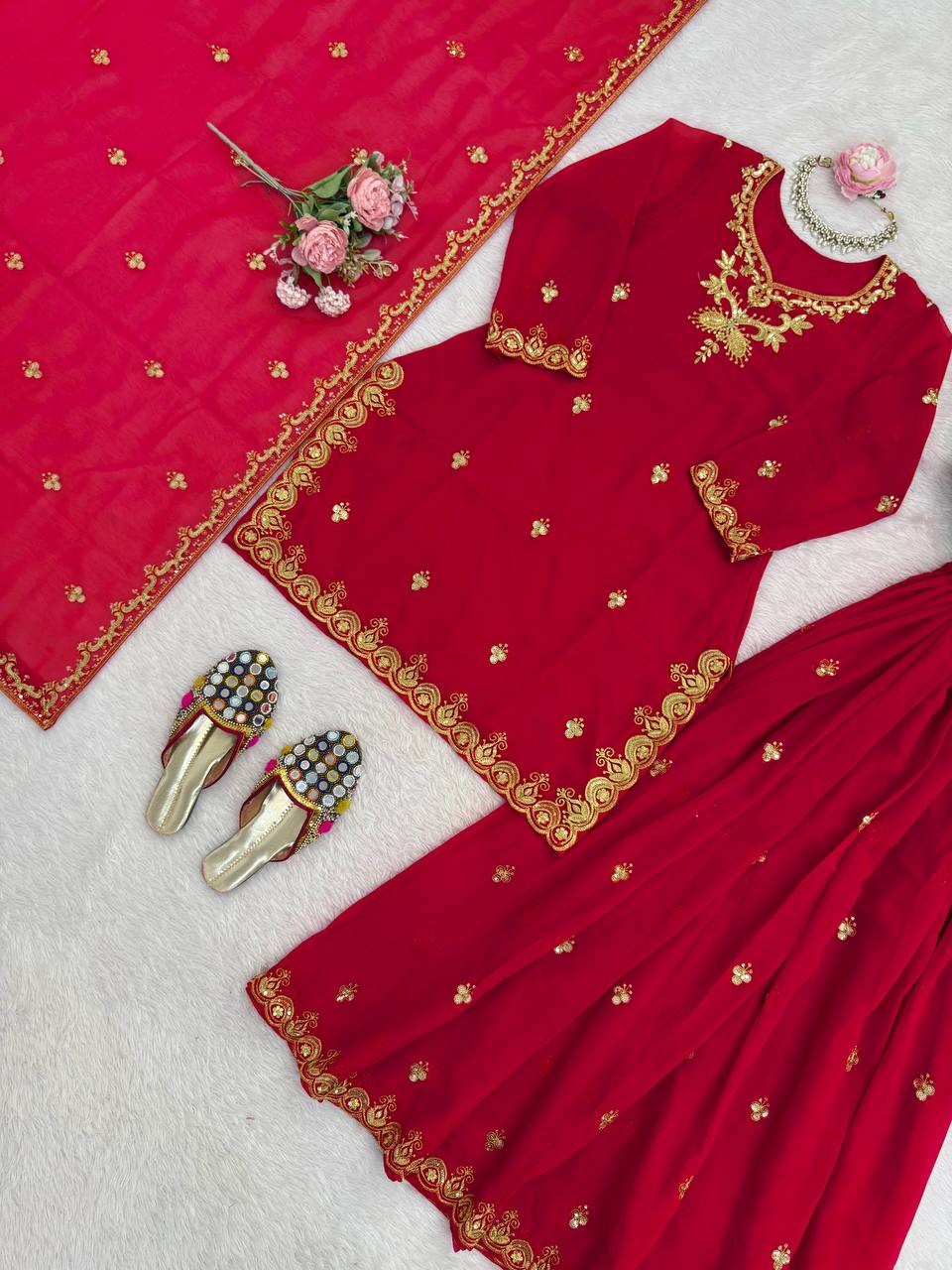 Elegant Designer Red Color Georgette Sharara Set
