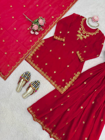 Elegant Designer Red Color Georgette Sharara Set