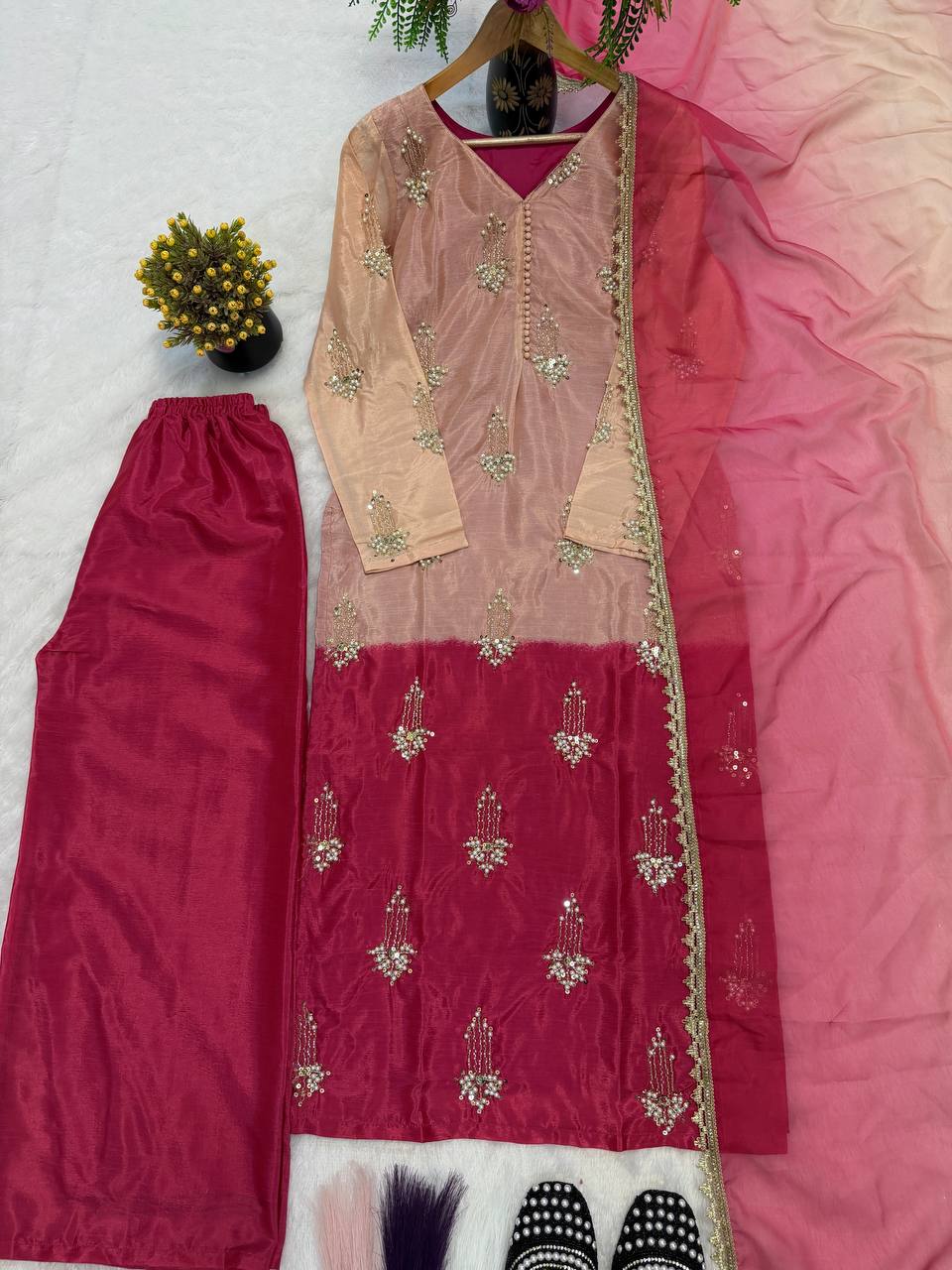 Exclusive Pink Color Sequence Embroidered Palazzo Suit With Dupatta