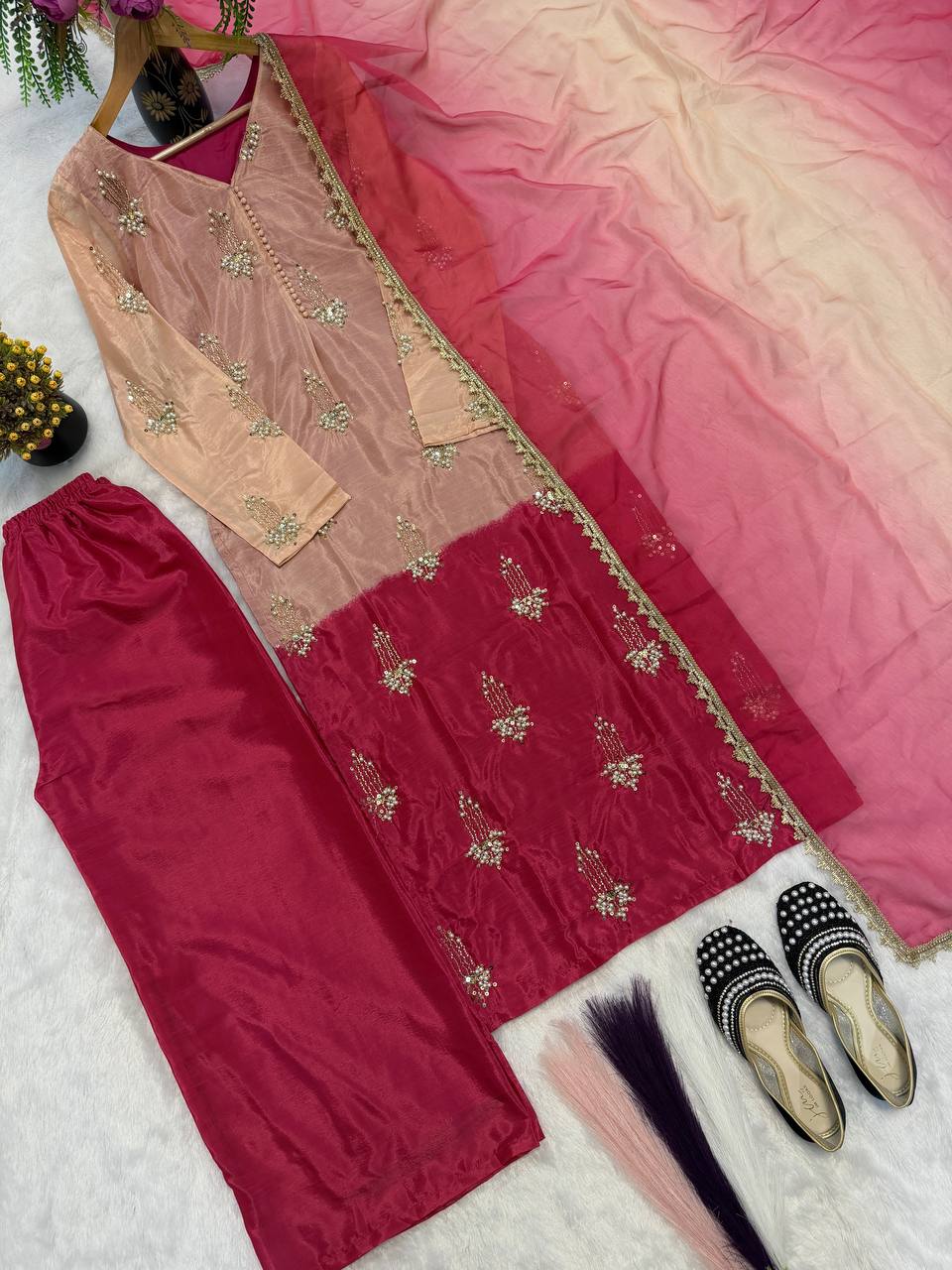 Exclusive Pink Color Sequence Embroidered Palazzo Suit With Dupatta