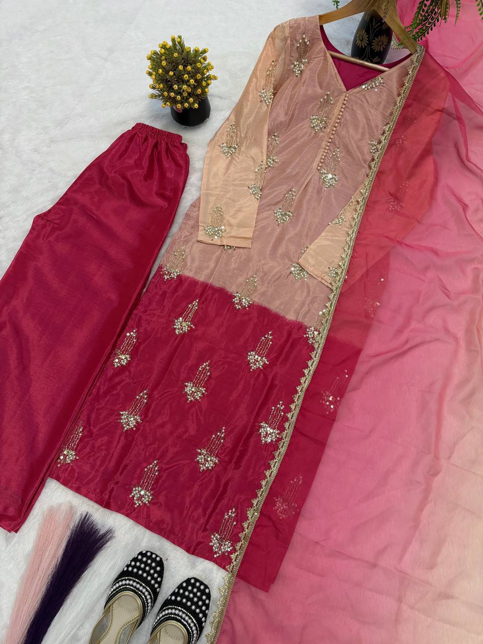 Exclusive Pink Color Sequence Embroidered Palazzo Suit With Dupatta
