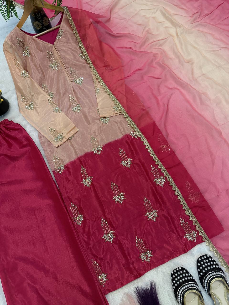 Exclusive Pink Color Sequence Embroidered Palazzo Suit With Dupatta