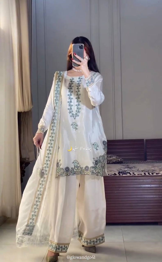 Desigenr White Color Embroidered Farshi Suit With Dupatta