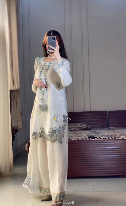 Desigenr White Color Embroidered Farshi Suit With Dupatta