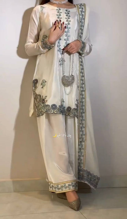 Desigenr White Color Embroidered Farshi Suit With Dupatta