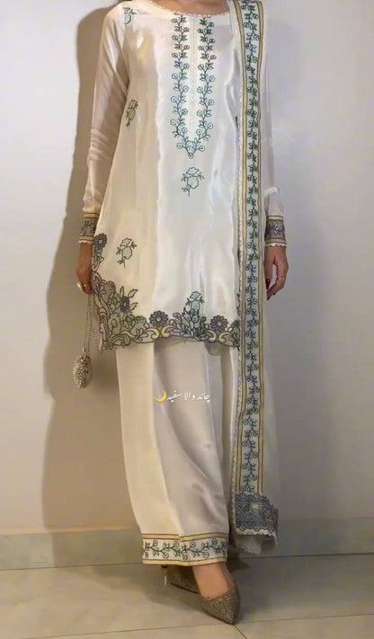 Desigenr White Color Embroidered Farshi Suit With Dupatta