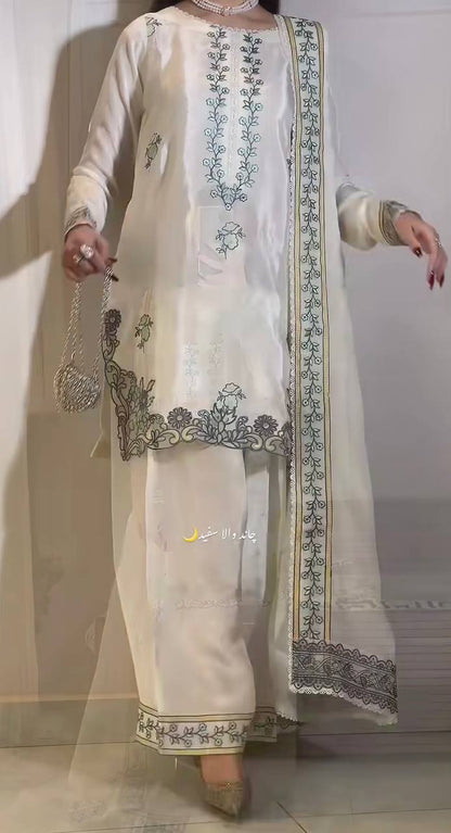 Desigenr White Color Embroidered Farshi Suit With Dupatta
