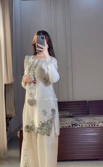 Desigenr White Color Embroidered Farshi Suit With Dupatta