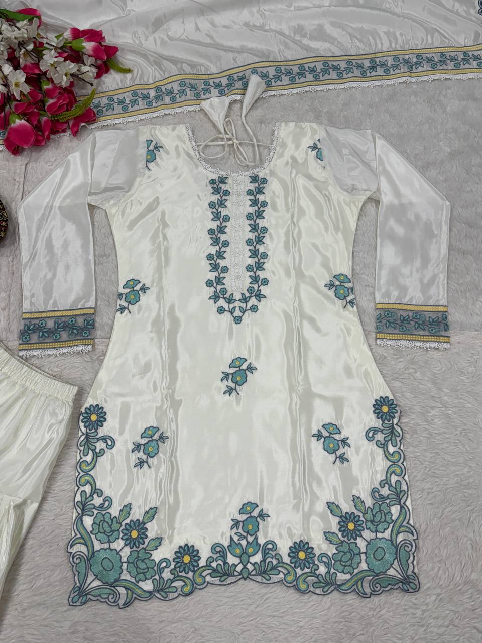 Desigenr White Color Embroidered Farshi Suit With Dupatta
