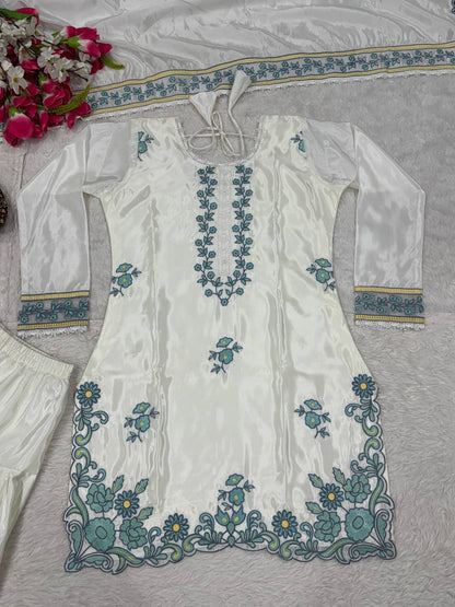 Desigenr White Color Embroidered Farshi Suit With Dupatta