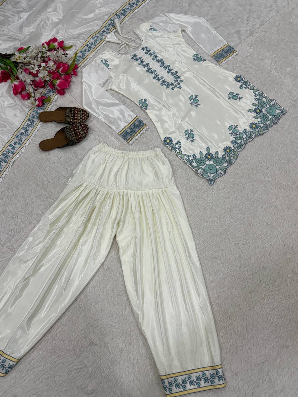 Desigenr White Color Embroidered Farshi Suit With Dupatta