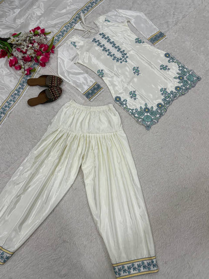 Desigenr White Color Embroidered Farshi Suit With Dupatta