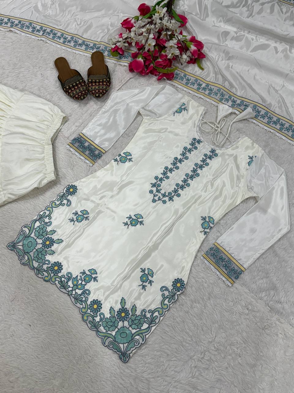 Desigenr White Color Embroidered Farshi Suit With Dupatta