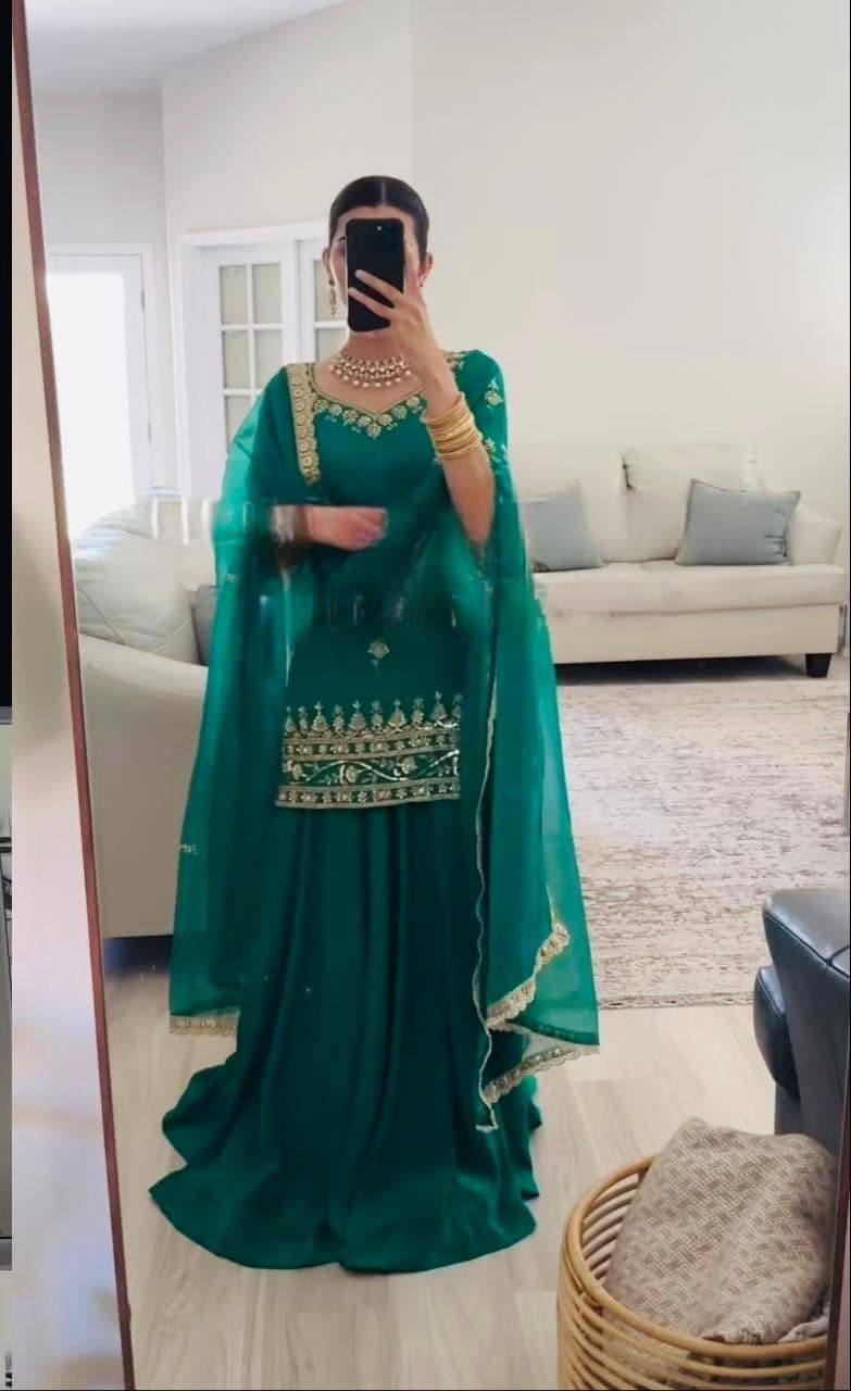 Wedding Wear Green Color Sequins Embroidered Ready To Wear Lehenga Suit