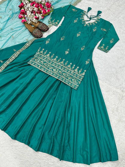Wedding Wear Green Color Sequins Embroidered Ready To Wear Lehenga Suit