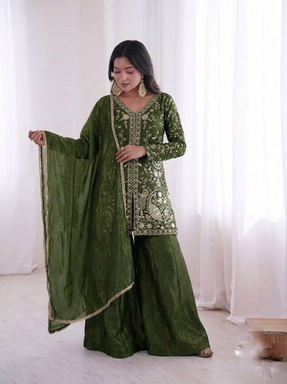 Presenting Green Color Pure Fendy Silk Palazzo Suit With Dupatta