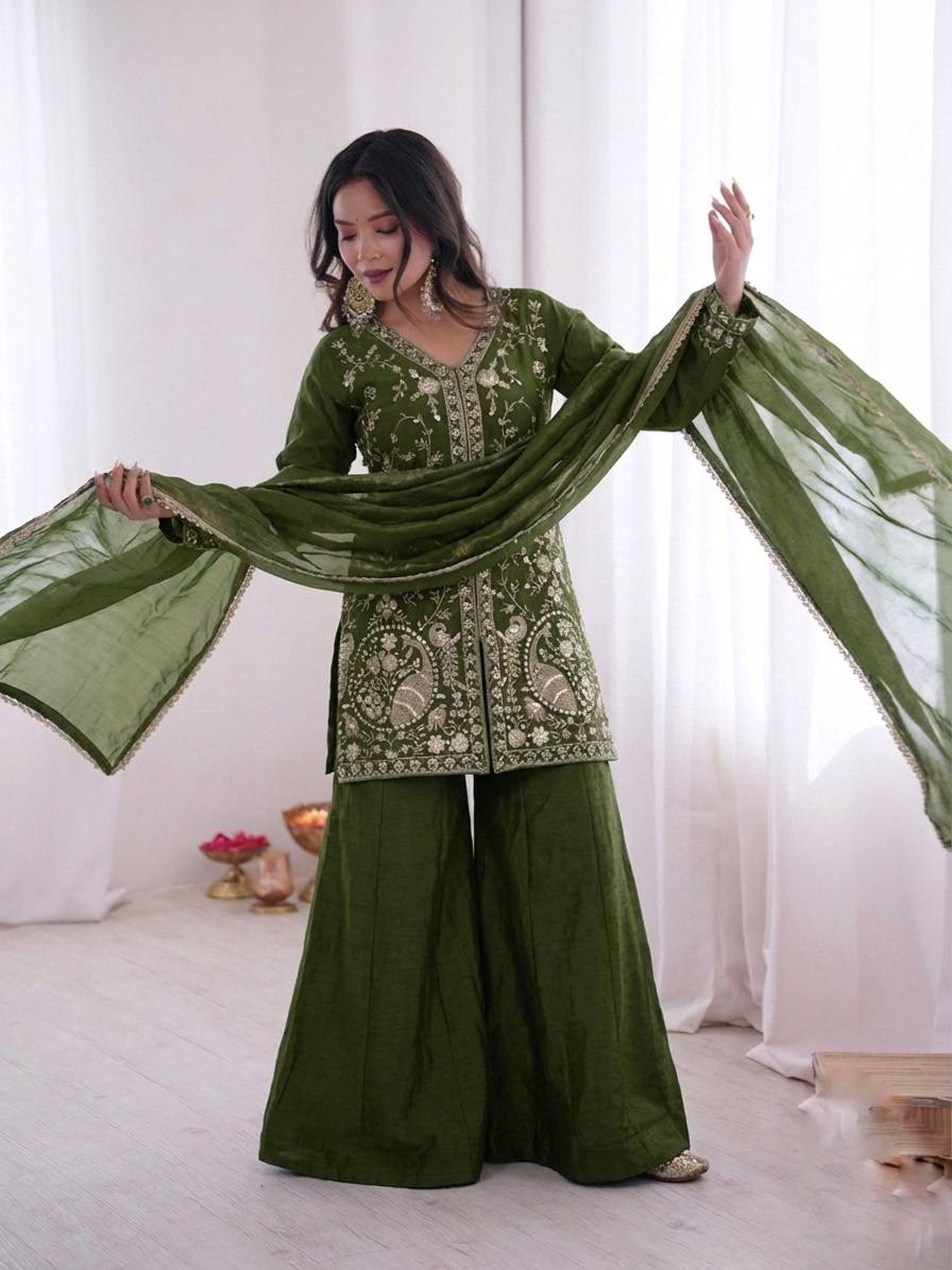 Presenting Green Color Pure Fendy Silk Palazzo Suit With Dupatta