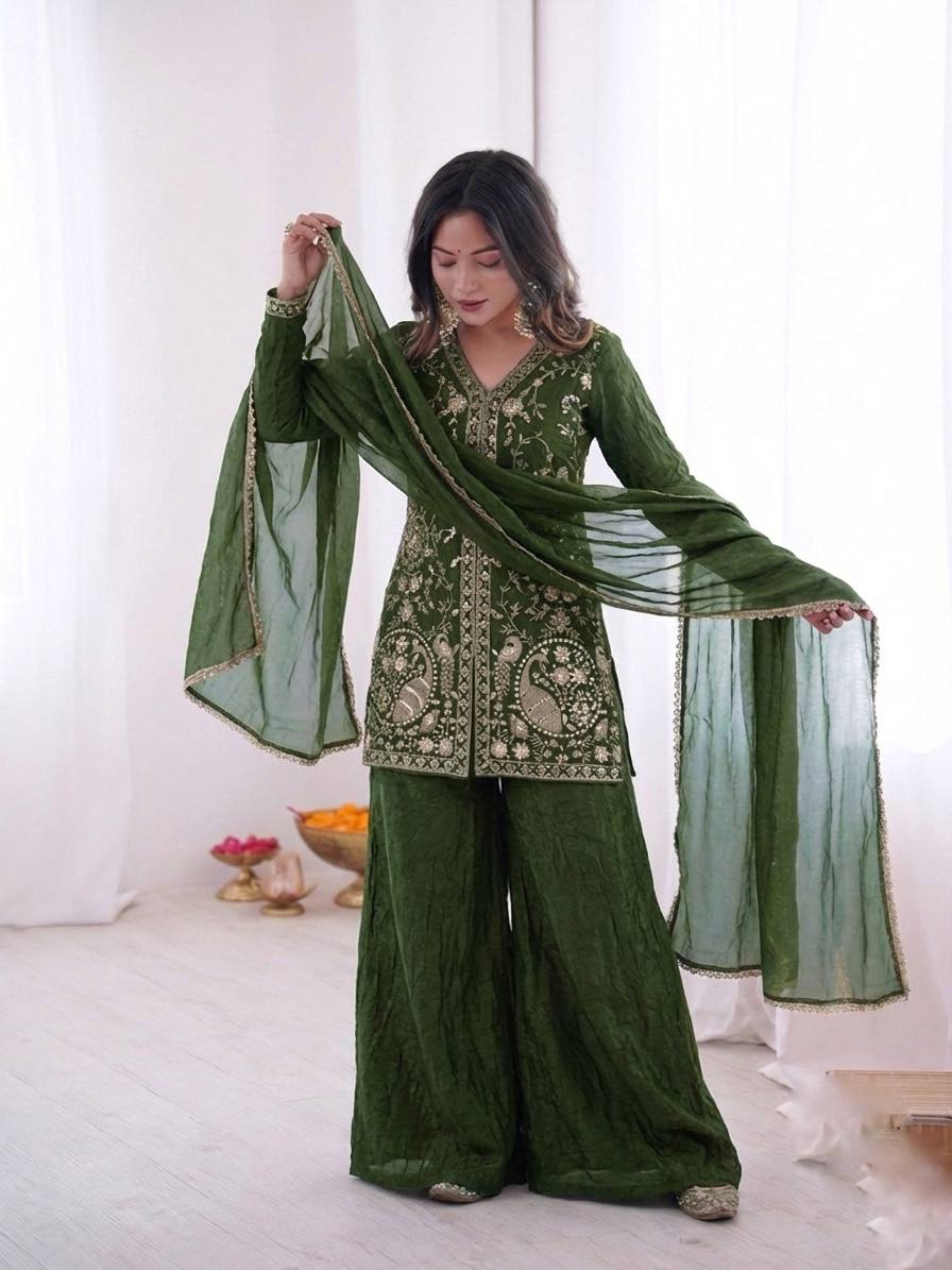 Presenting Green Color Pure Fendy Silk Palazzo Suit With Dupatta