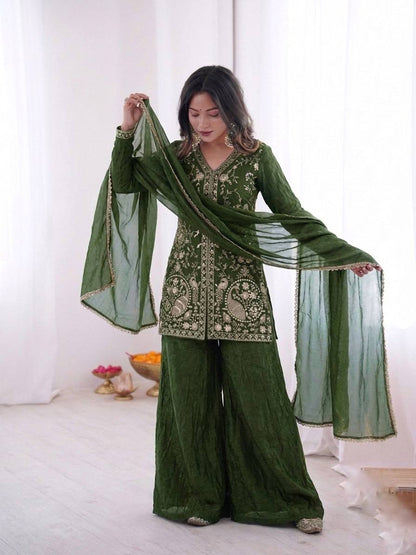 Presenting Green Color Pure Fendy Silk Palazzo Suit With Dupatta