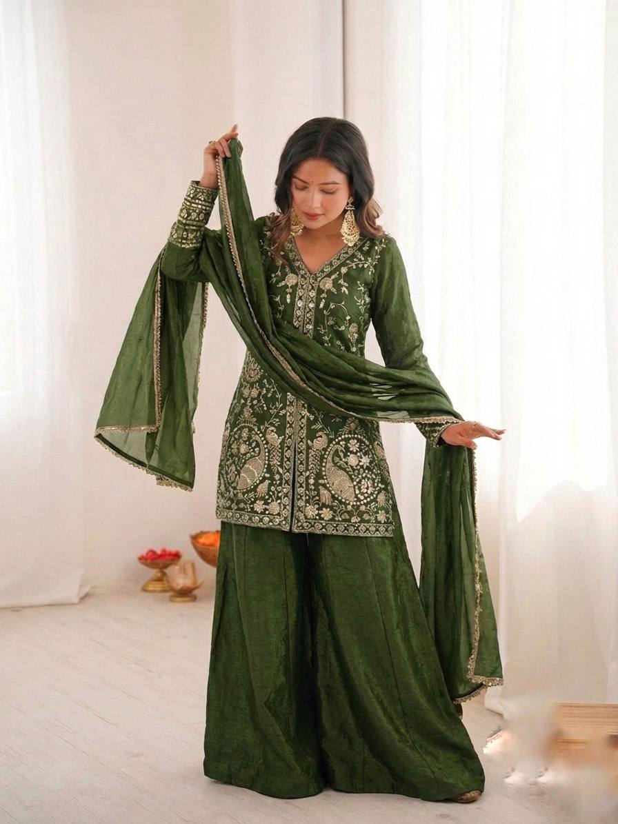 Presenting Green Color Pure Fendy Silk Palazzo Suit With Dupatta