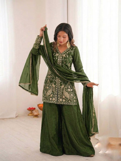 Presenting Green Color Pure Fendy Silk Palazzo Suit With Dupatta