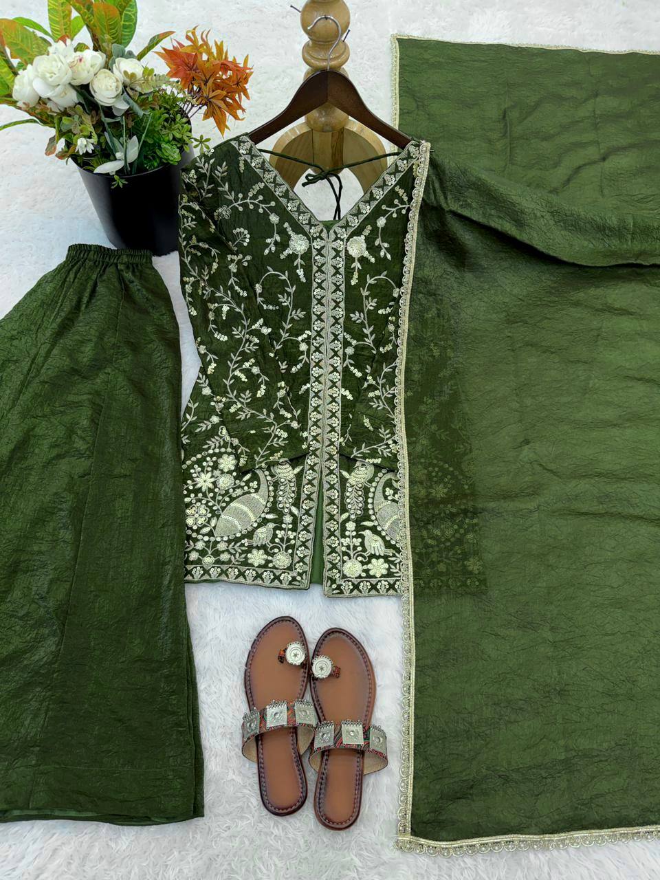 Presenting Green Color Pure Fendy Silk Palazzo Suit With Dupatta