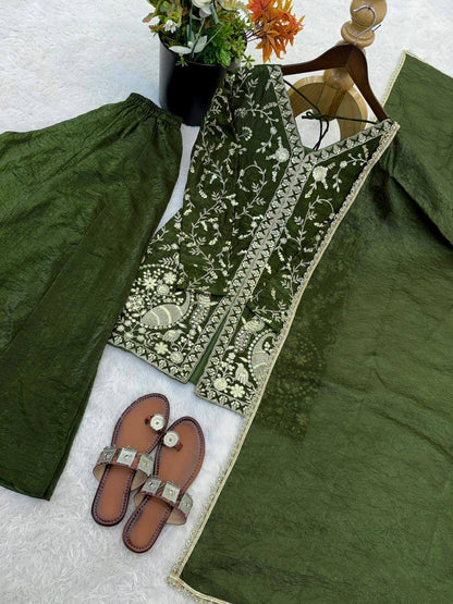 Presenting Green Color Pure Fendy Silk Palazzo Suit With Dupatta