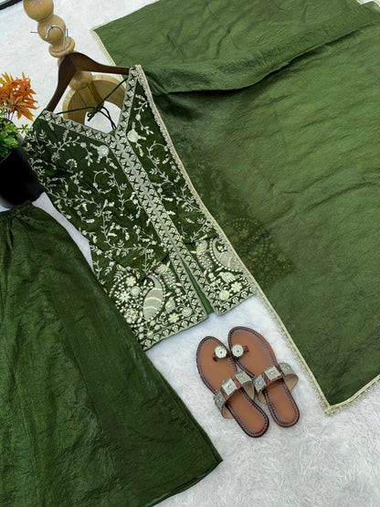 Presenting Green Color Pure Fendy Silk Palazzo Suit With Dupatta