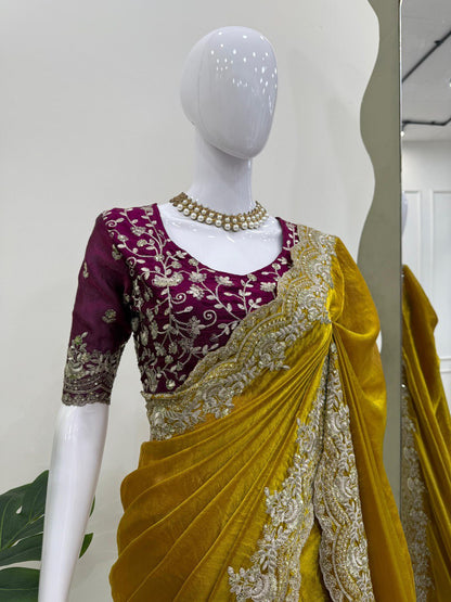 Wedding Wear Mustard Fendy Silk Thread Embroidery Work Beautiful Saree