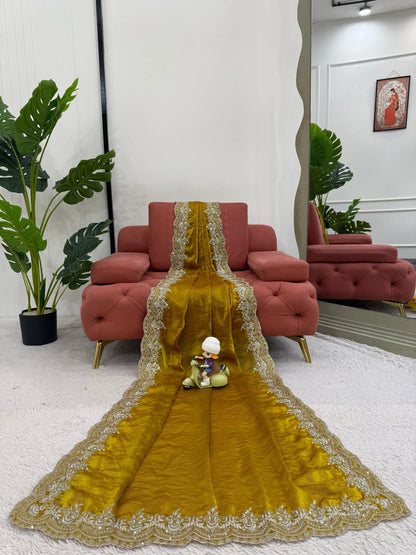 Wedding Wear Mustard Fendy Silk Thread Embroidery Work Beautiful Saree