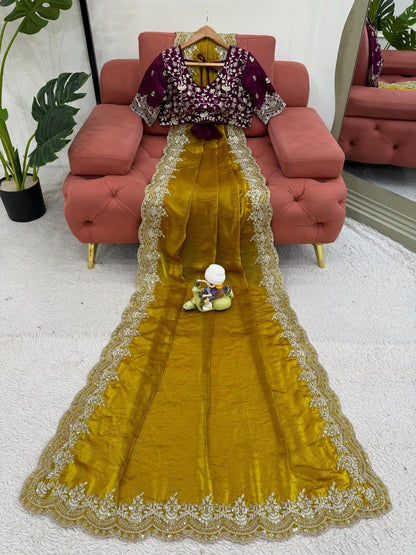 Wedding Wear Mustard Fendy Silk Thread Embroidery Work Beautiful Saree
