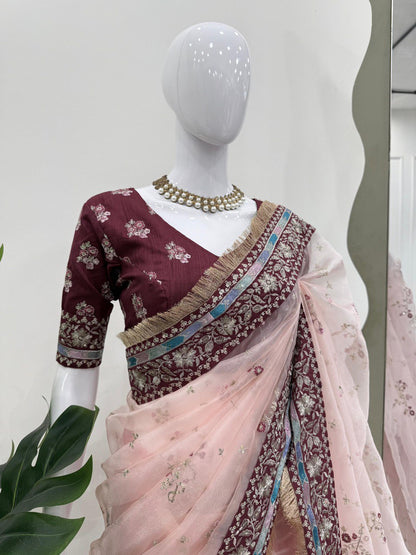 Party Wear Light Pink Color Heavy Organza Silk Thread Embroidery Work Beautiful Saree