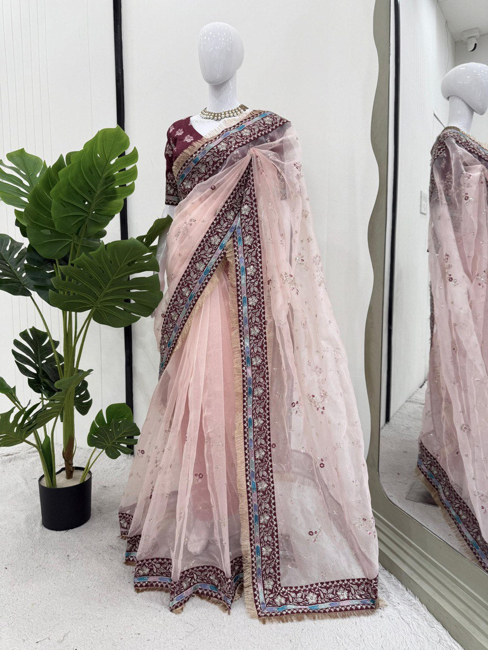 Party Wear Light Pink Color Heavy Organza Silk Thread Embroidery Work Beautiful Saree