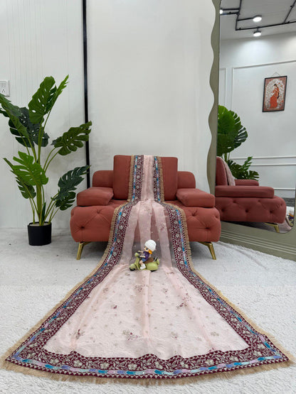 Party Wear Light Pink Color Heavy Organza Silk Thread Embroidery Work Beautiful Saree